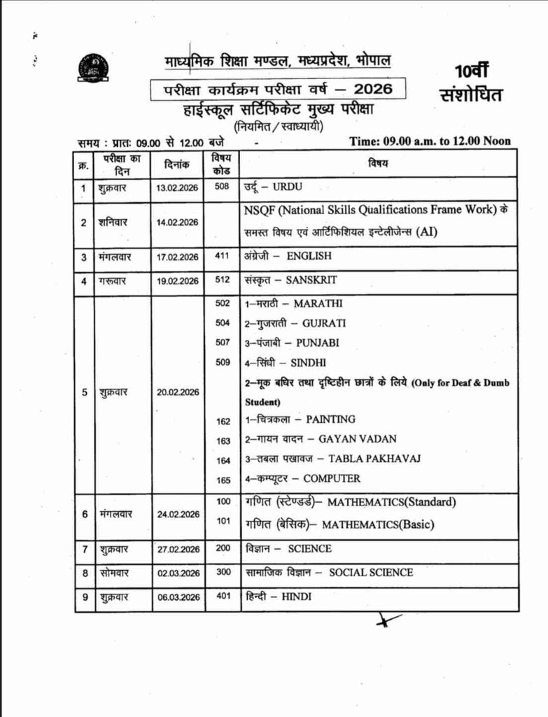 MP Board Exam Date Sheet 2026