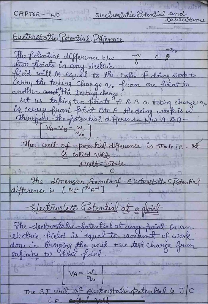 Electric Potential and Capacitance Notes Class 12